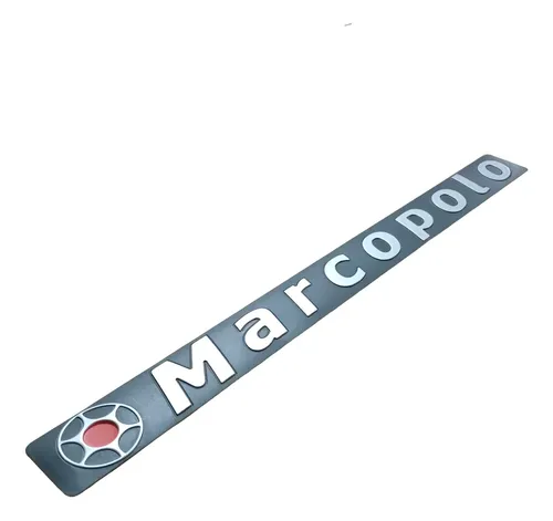 Emblema Traseiro Interno Marcopolo C/ Logotipo  45,2x4,6 Cm Cinza/preto Com Letras Brancas E Detalhe Vermelho