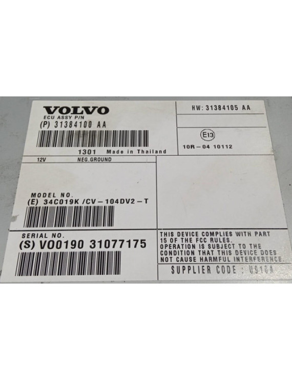Módulo Amplificador Som Volvo Xc60 2008 - 2015 / 31384100 Prateado