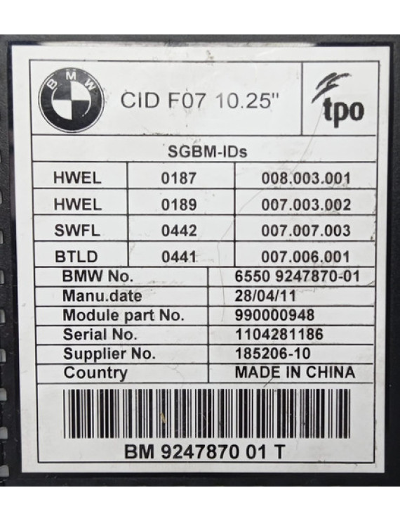 Tela Display Multimídia Bmw 535 Gt 2010 2011 2012 F07 Preto